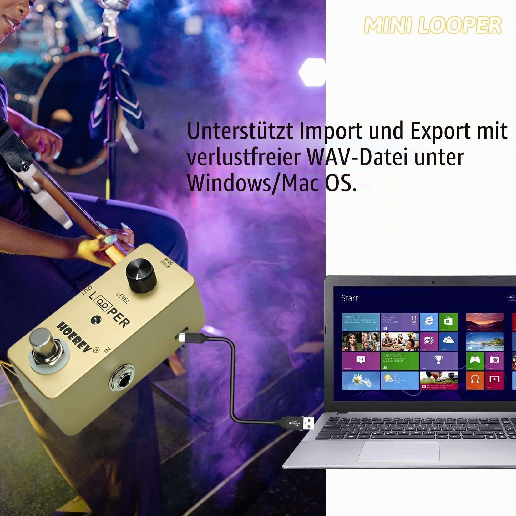 Hoerev Gitarre Mini Loop Effektor Looper Sampler Effekte Tuner für elektrische akustische Gitarre Bass Pedale Loops Stationen, Farbe Gold