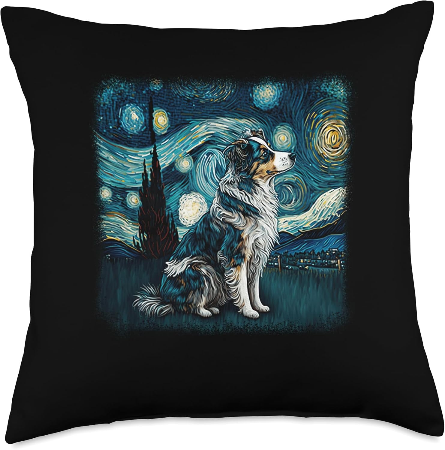 Dog in starry night van gogh aussie mini Australian Shepherd Throw Pillow