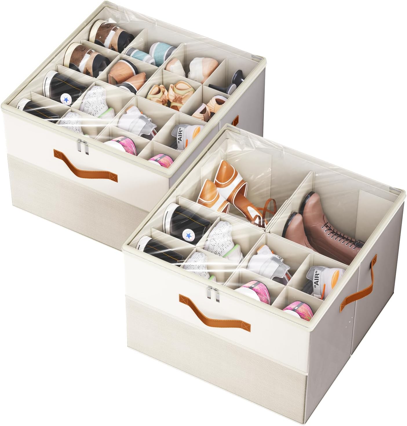 Shoe Organizer for Closet, 2 Pack Foldable Shoe Storage Organizer Box Bin with Adjustable Dividers and Clear Cover, Fits up to 16-32 Pairs（Grey&Beige）
