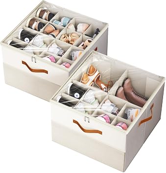Shoe Organizer for Closet,2 Pack Foldable Shoe Storage Organizer Box Bin with Adjustable Dividers and Clear Cover, Fits up to 16-32 PairsBeige