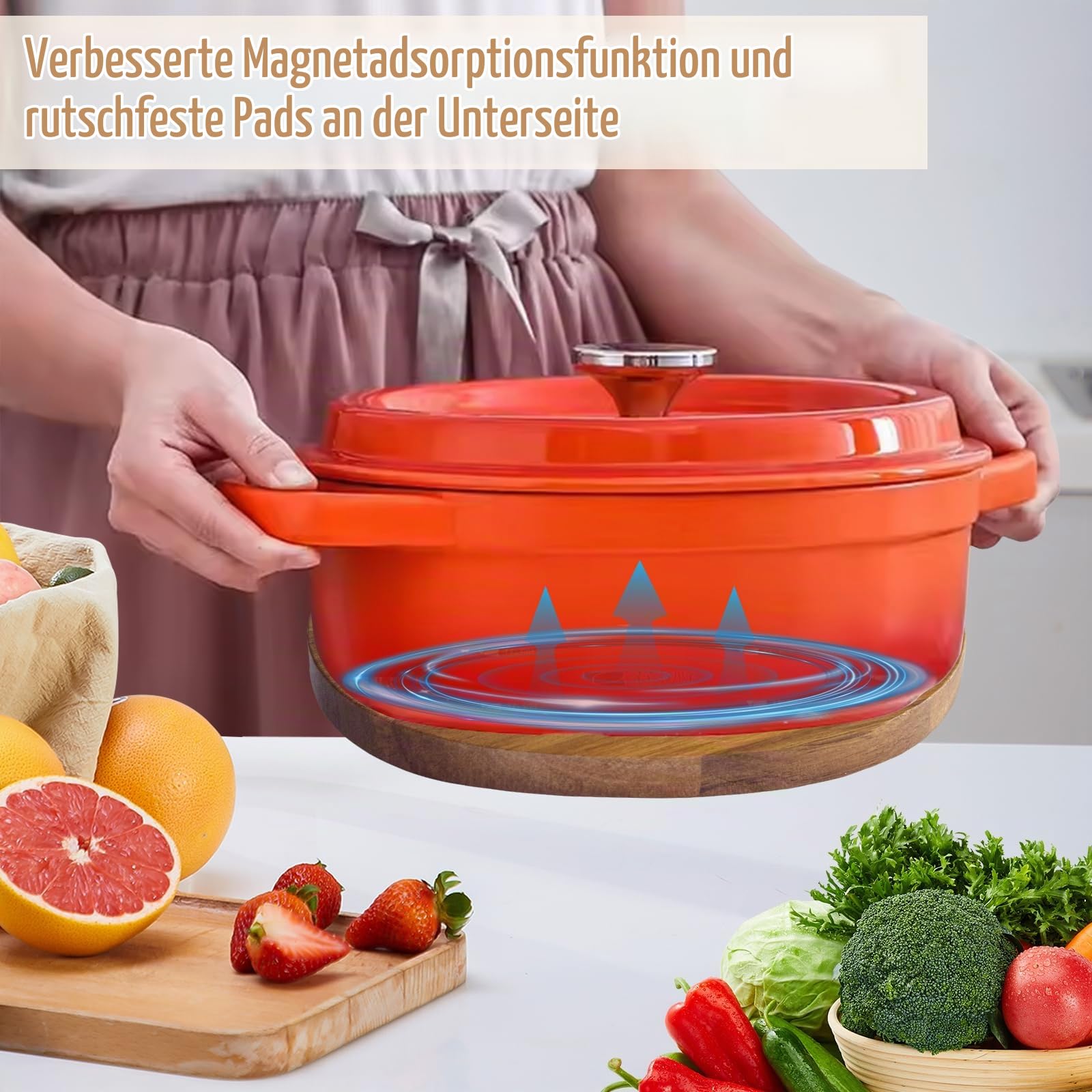 Magnetische Untersetzer aus Holz für heiße Töpfe und Pfannen, hitzebeständiger Untersetzer aus Akazienholz mit gepolsterten Silikonstreifen für Le Creuset Dutch Ovens heiße Gerichte und Töpfe,