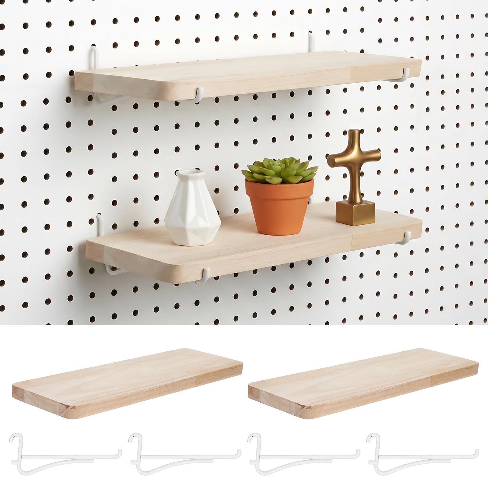 Photo 1 of ** ONLY 1 SHELF THE REST ARE MISSING ***2 Pack Pegboard Shelves, Solid Wood Wall Shelf with Hooks, Solid Wood Pegboard Shelf, High Balance and No tilt, Wooden Pegboard Shelves for Metal Pegboard, Organizer Accessories for Home & Office