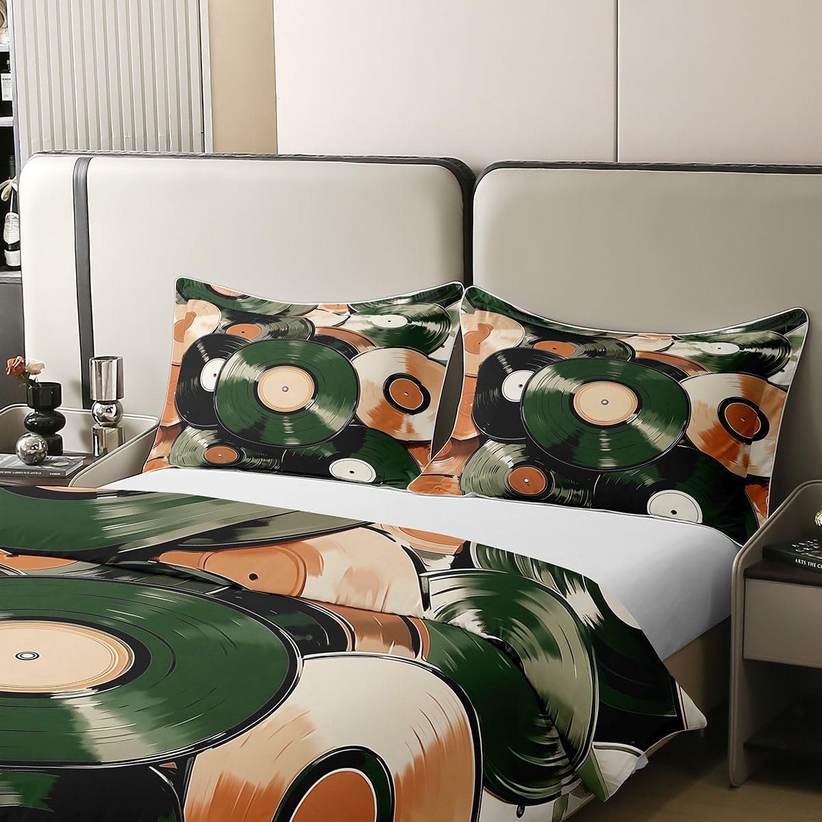Homewish Set di biancheria da letto per letto super king size vintage con dischi in vinile retrò Art Coton copripiumino semplice e alla moda per amanti della musica