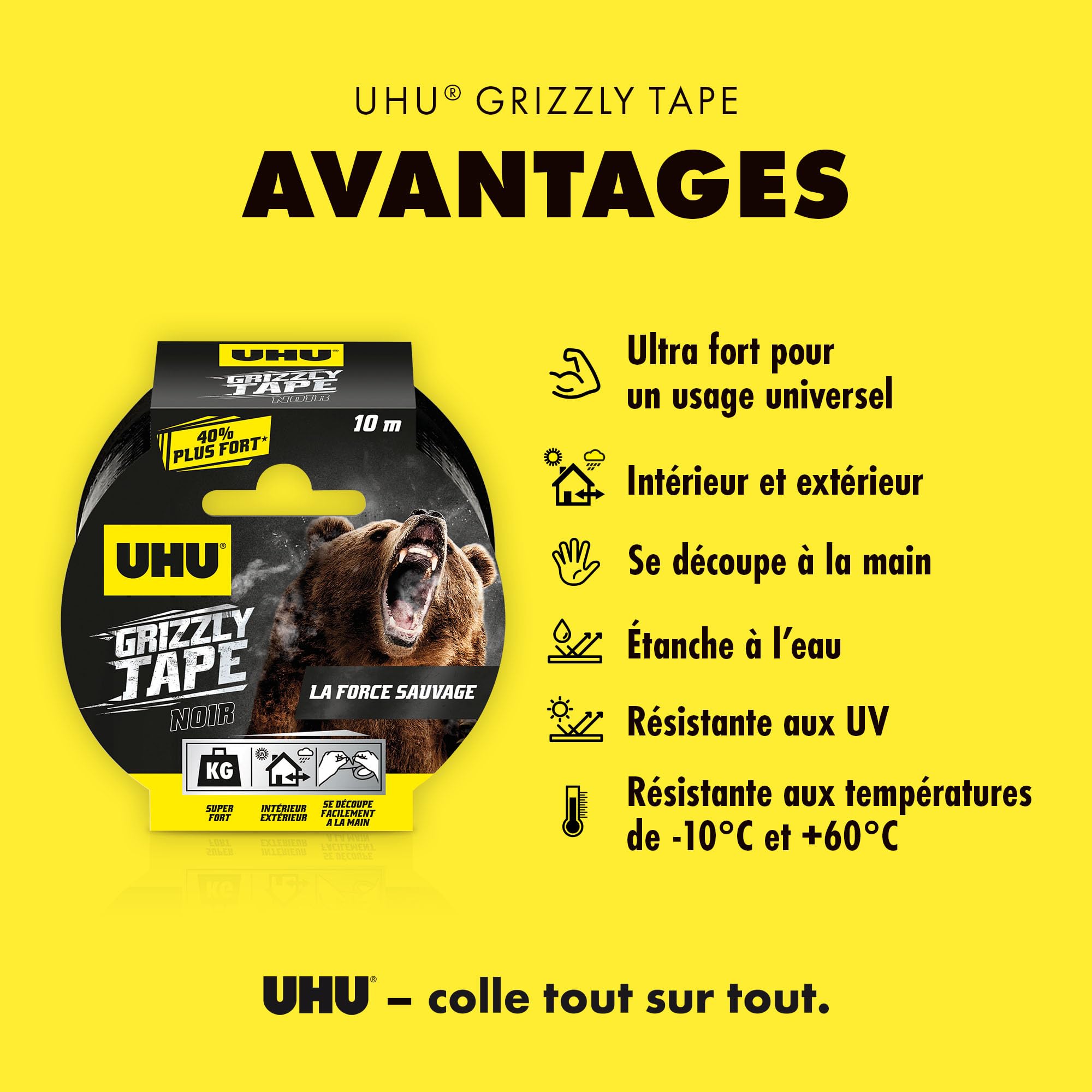 UHU Grizzly Tape - Wodoodporna taśma klejąca do naprawy, konsolidacji, zatykania, łączenia, ultra mocna i trwała, czarna, 10mx50mm
