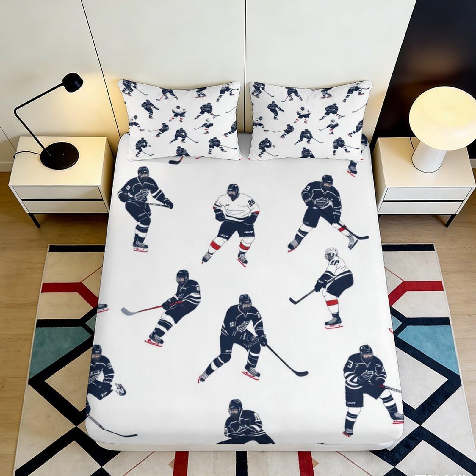 3D Printed Hockey Player Fitted Sheet Microfiber Soft Breathable Ice Match Bed Cover for Bedroom Dorm Decor Protection 90x200x25cm