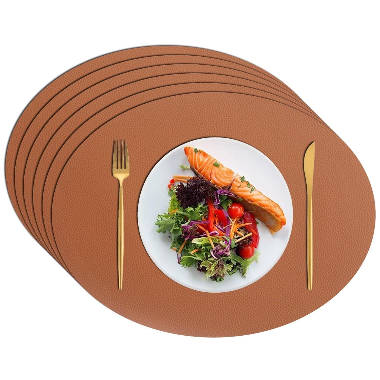 Lot de 6 sets de table ovales pour table ronde, en cuir synthétique, imperméables, antidérapants, faciles à nettoyer, résistants à la chaleur pour maison, restaurant, hôtel (marron)