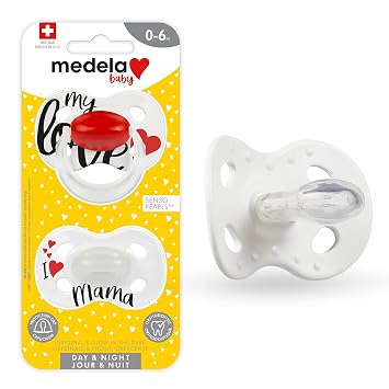 Medela Baby Pacifier | Day and Night Glow in The Dark | 0-6 Months | 2-Count, Lightweight | BPA-Free | Supports Natural Suckling | My Love and I Love Mama