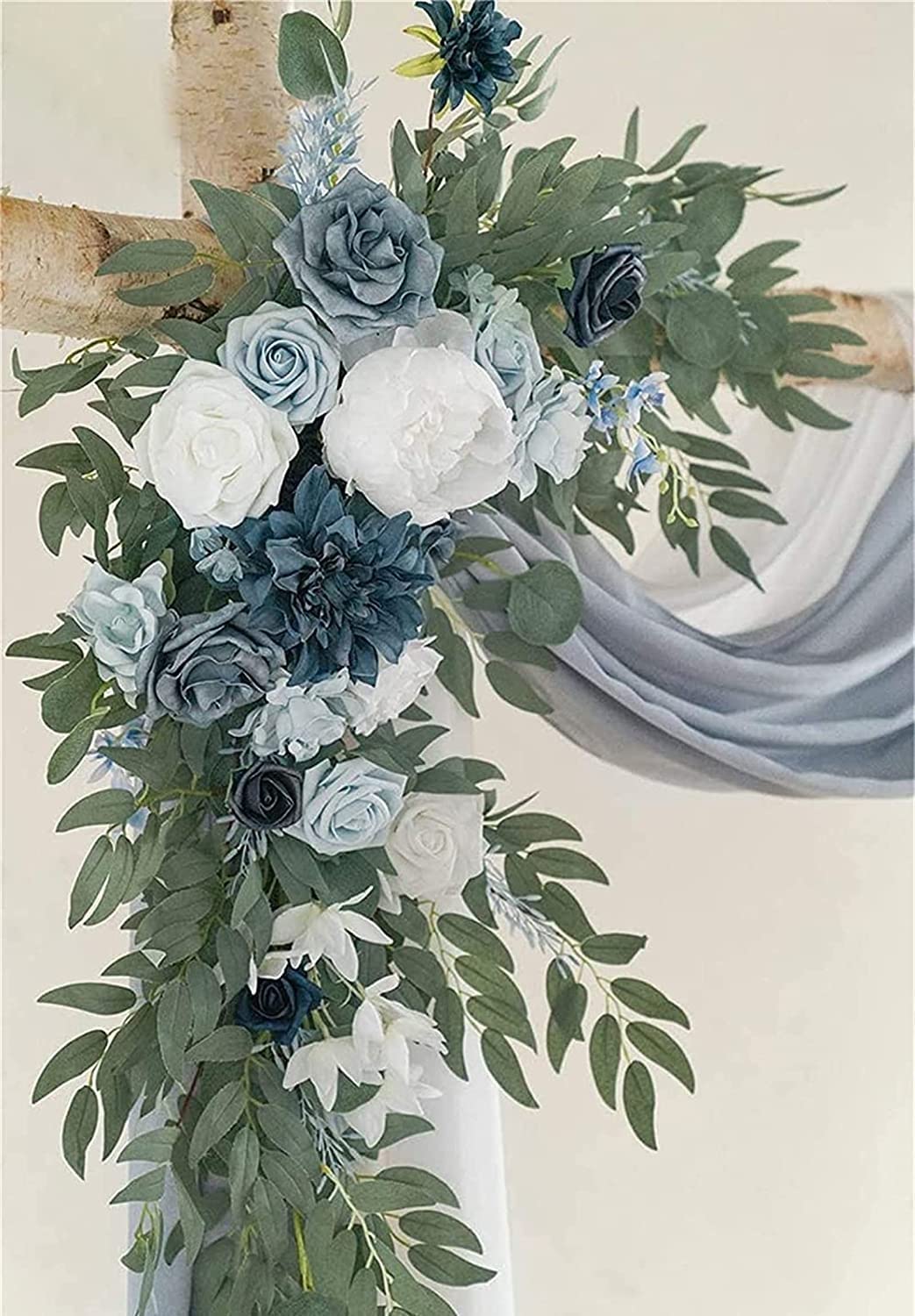 Bogenblumen mit Vorhängen-Set – künstliches Blumen-Swag-Arrangement mit drapiertem Stoff for Hochzeitszeremonie, Laube im Hintergrund