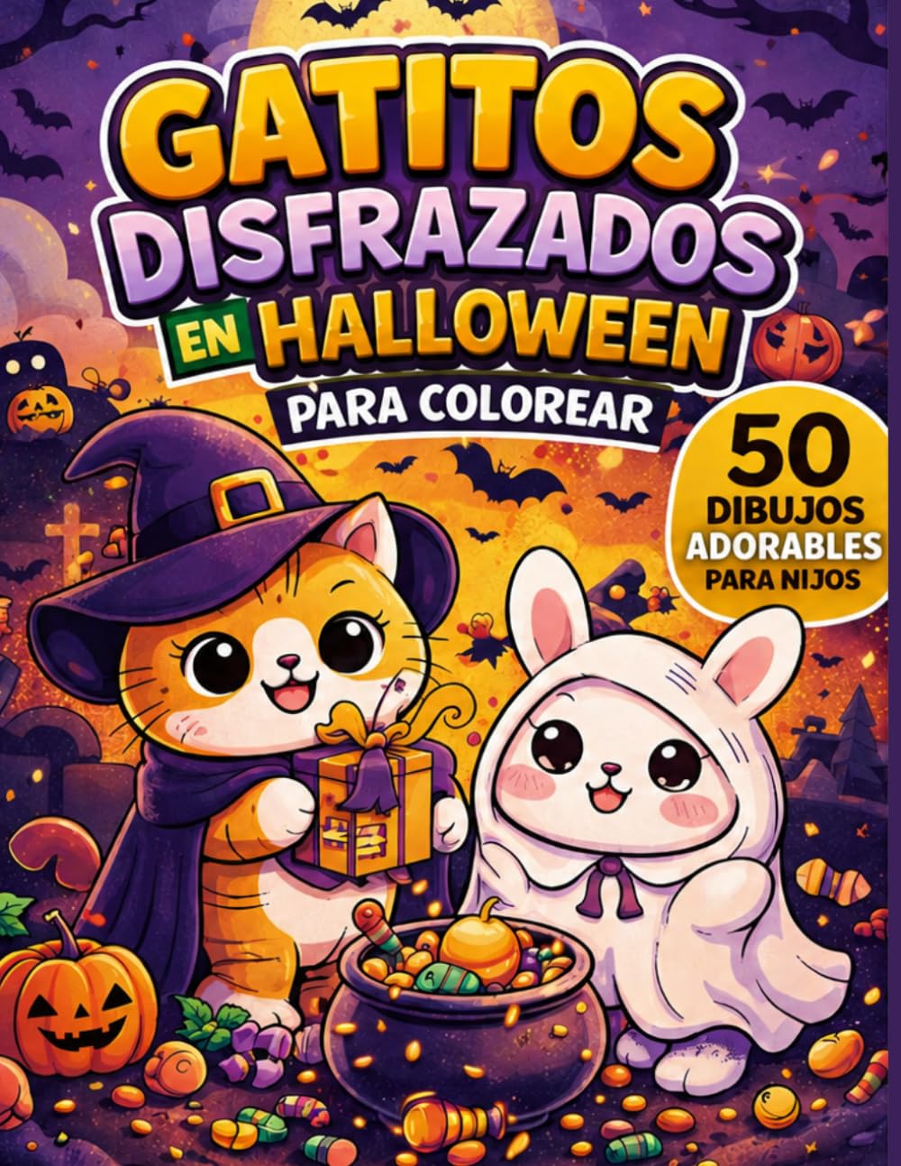 Libro para Colorear Gatitos de Halloween: 50 dibujos adorables y terroríficamente divertidos para niños y niñas de 4 a 8 años