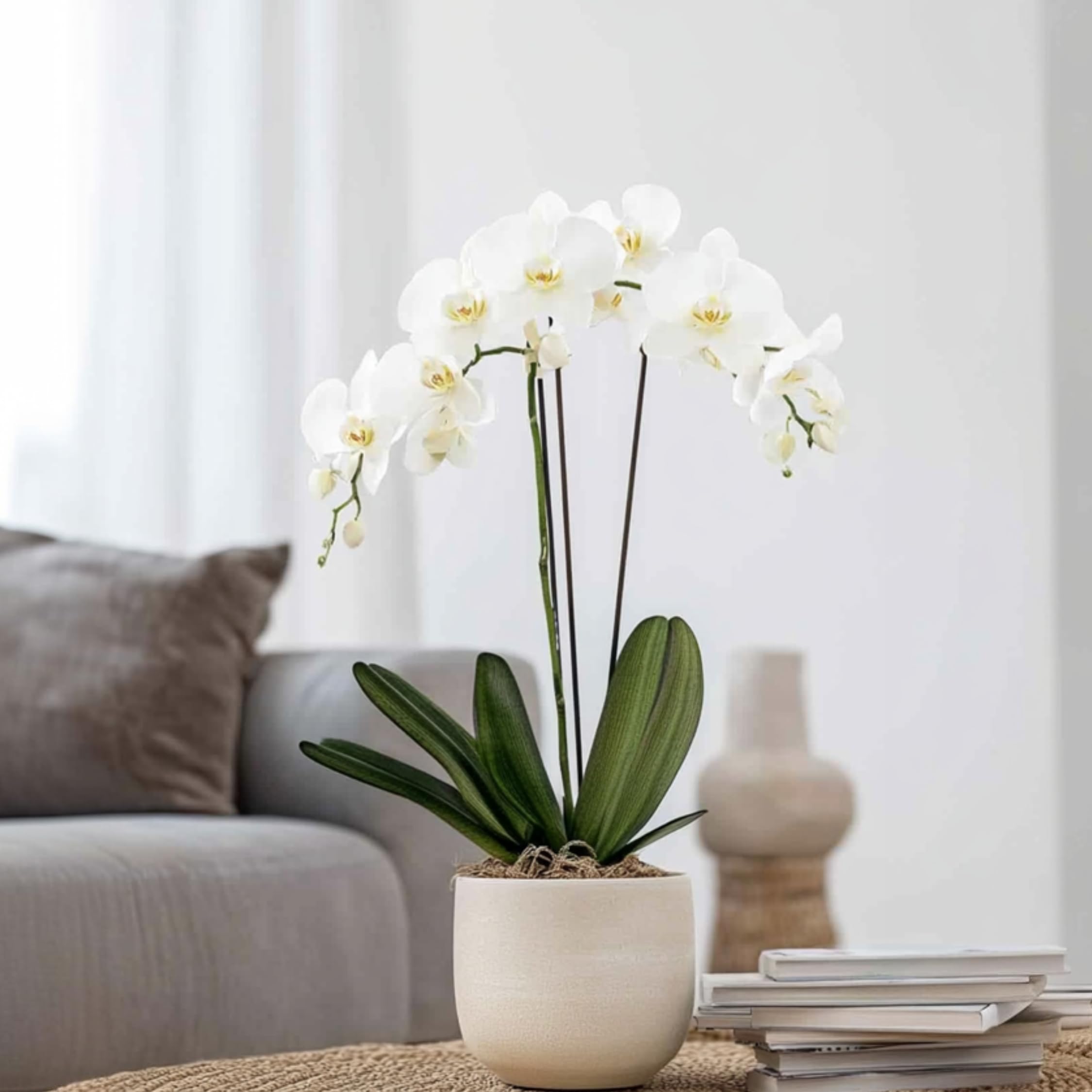 Plant in a Box - Orchidée papillon - Phalaenopsis dans panier décoratif - Hauteur 50-60cm - Pot 12cm - Plante d’intérieur fleurie - Adaptée aux chats