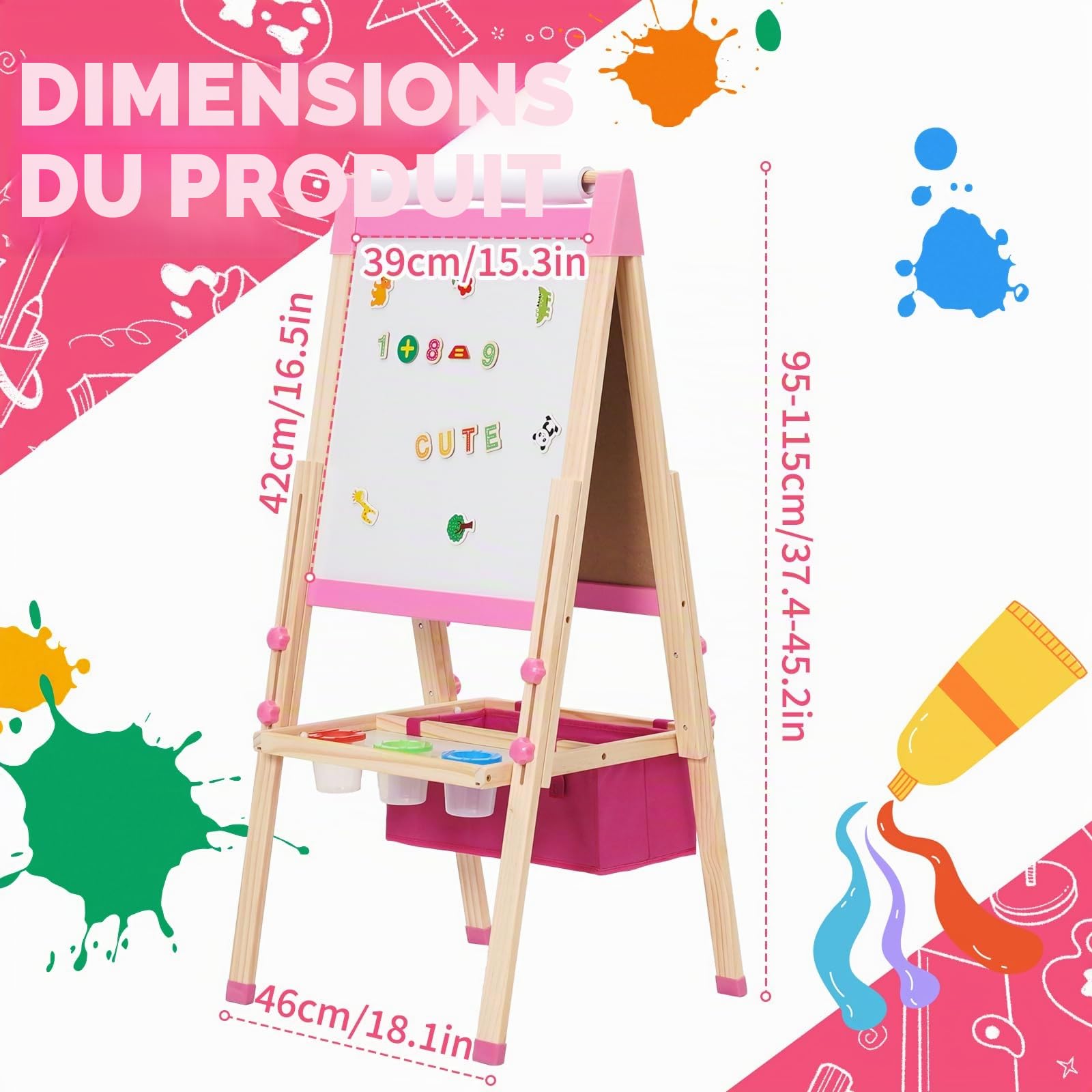 3 en 1 Chevalet Enfant avec Rouleau de Papier, Rangement et Kit de Dessin, Tableau Double Face Enfant, Tableau de Griffonnage pour Kids, Planche à Dessin pour Enfants à partir de 4 ans