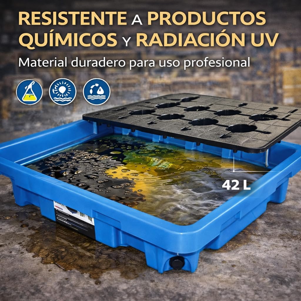 Bandeja Recogegotas 42 litros con Rejilla – Cubeta Antiderrames de Polietileno Resistente a Químicos y UV – Plataforma de Retención para Bidones, Taller, Almacén e Industria – 300 kg Carga