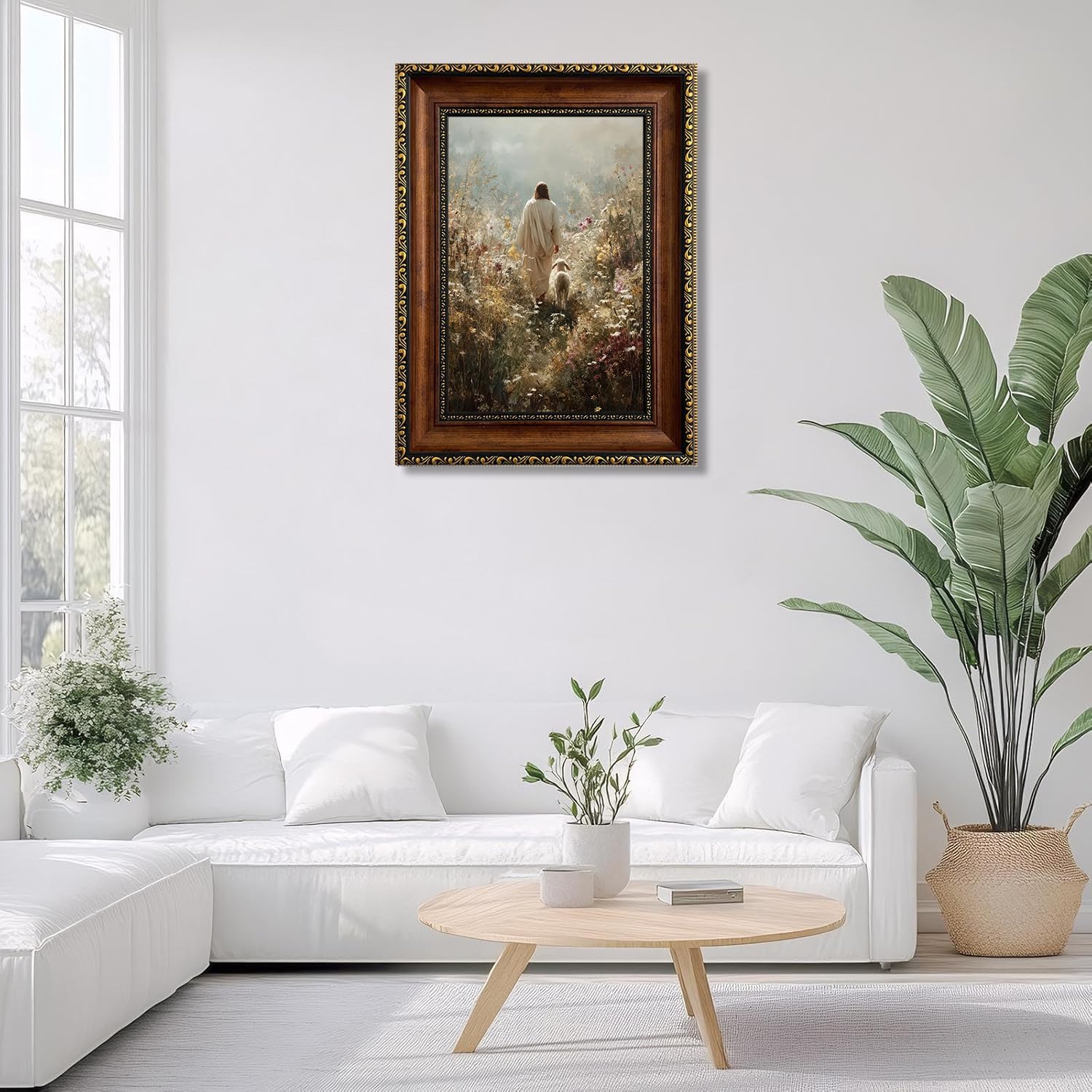 Jesus Leaves the 99 Sheep Canvas Wall Art Christian Wildflowers Wall Decor Pictures Lost Sheep Religious Bible Poster Prints for Living Room Bedroom Office Home Decoration 12X16 in Ready to Hang