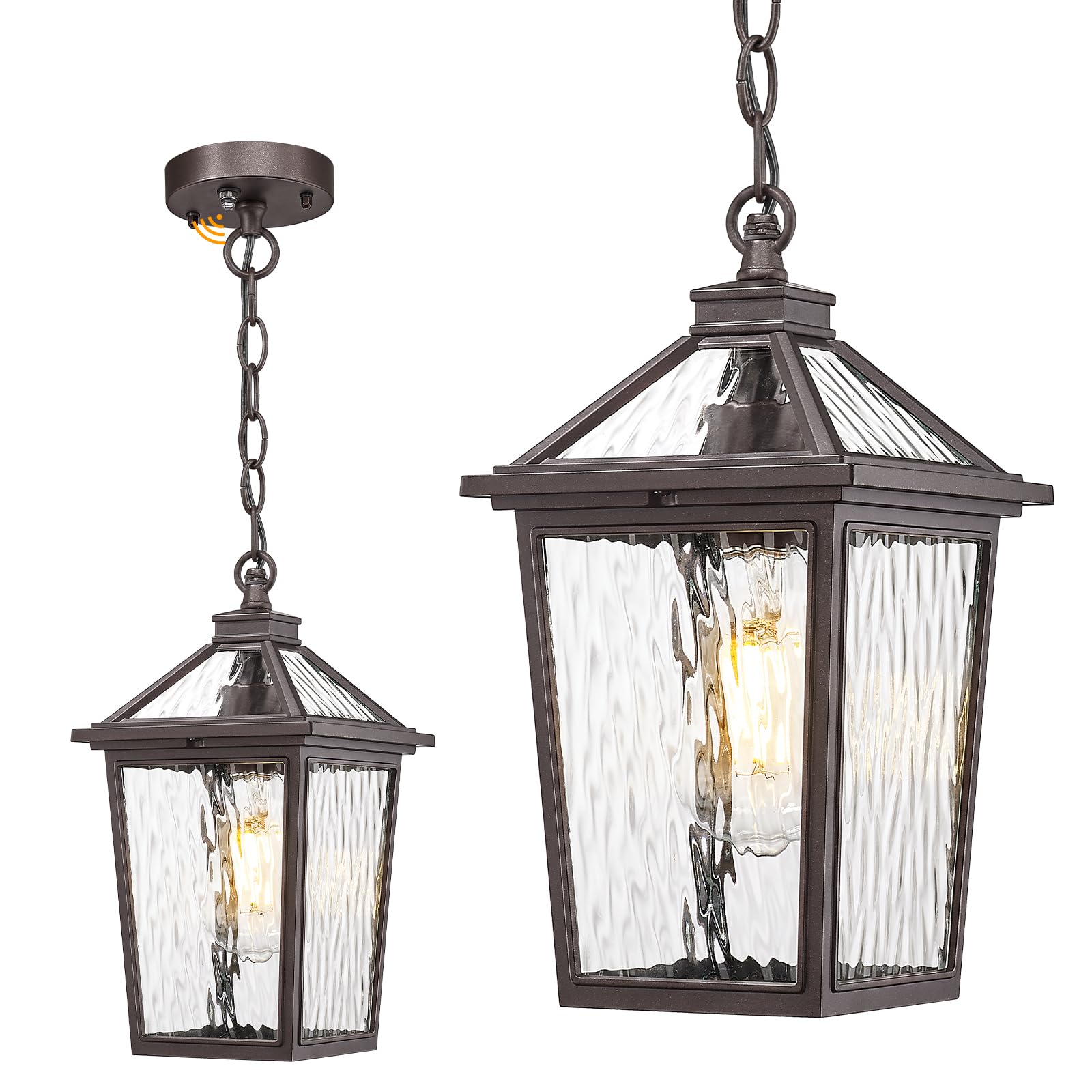 zeyu 12 Inch Dusk to Dawn Outdoor Hanging Light, Outside Hanging Light for Patio, Die-Cast Aluminum with Water Ripple Glass, Oil Rubbed Bronze Finish, ZX58H-PC ORB-SW