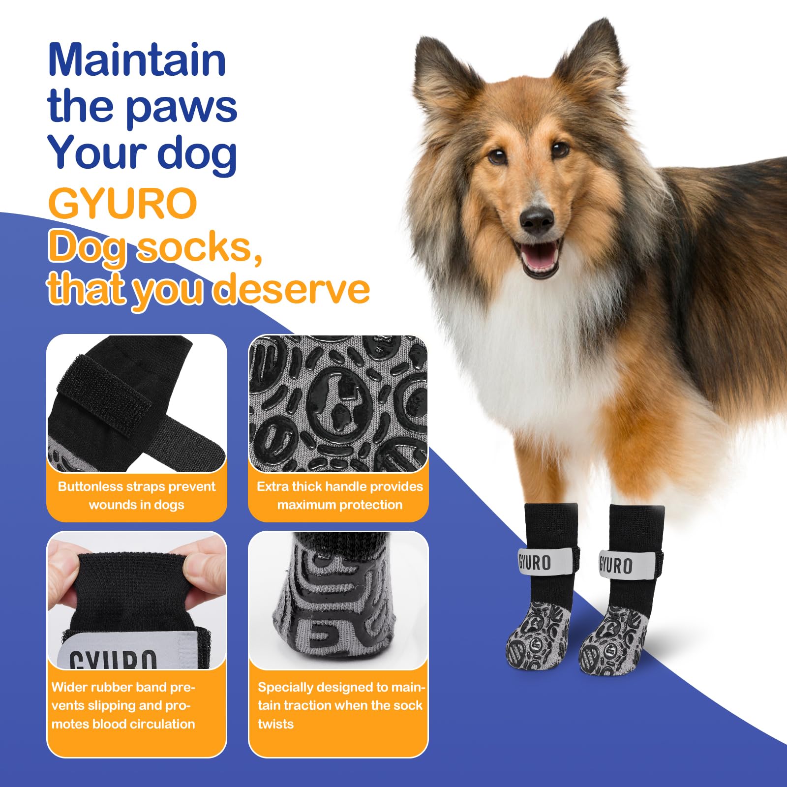 GYURO 2Pairs Anti Slip Dog socks paws stop licking,Dog Boots&Paw Protector for Hardwood Floors Anti Slip,Traction Control No Twist Grip Booties for Small Medium Large Senior Dogs (Black - Image 3
