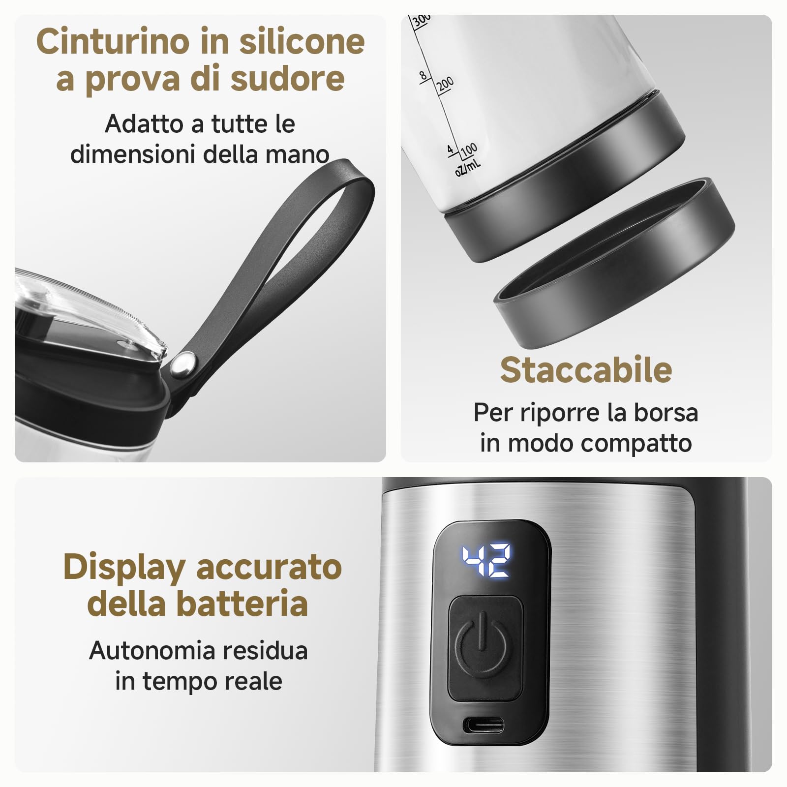 AMZCHEF Frullatore portatile da 600 ml, con 6 lame, 120 W, ricarica rapida tramite USB-C, IPX6, impermeabile, senza BPA, mini mixer per frullati in polvere proteica