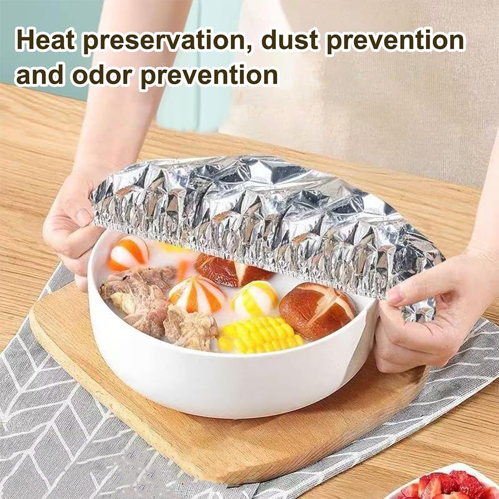 Couvercles Alimentaires en Aluminium Réutilisables, Film d'Isolation Thermique Épais avec Bords Élastiques, Résistant à 110℃, Protection Fraîcheur pour Plats, Bols et Assiettes (200 Pcs)