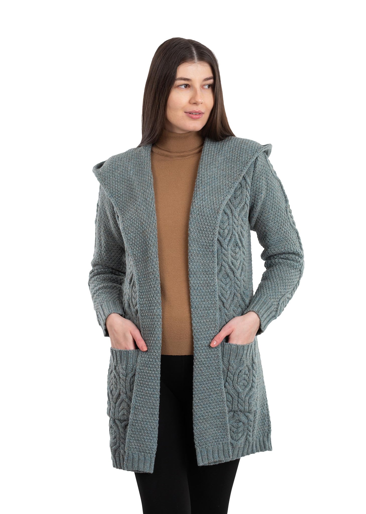 SAOL 100% wełna merino damski irlandzki klasyczny krój długi kardigan z kapturem