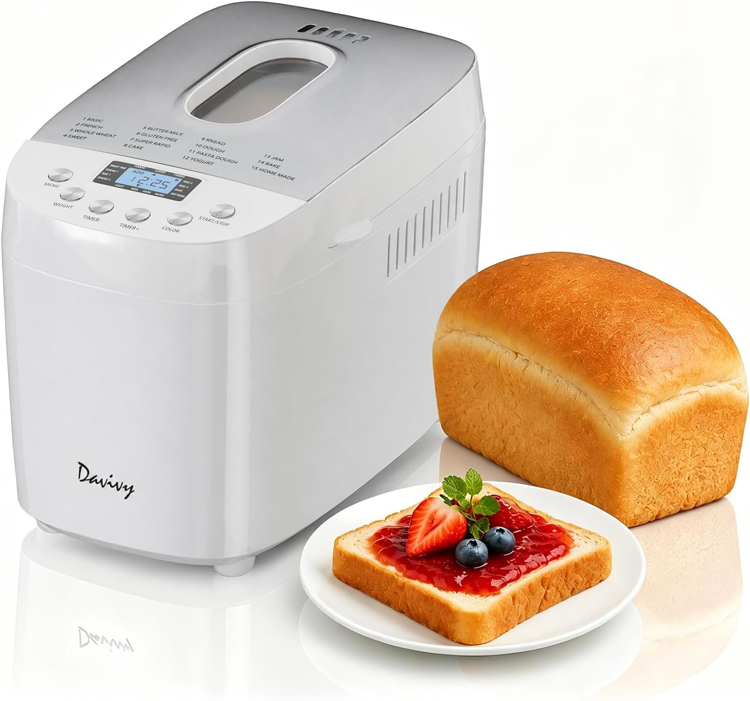 Davivy Bread Maker Machine 3LB with 2 Dough Kneading Paddles,15-in-1 Automatic Large Capacity Bread Machine Nonstick Bowl For Bread, Jam& Yogurt, 3 Loaf Sizes and 3 crust settings（silver，1.5kg）
