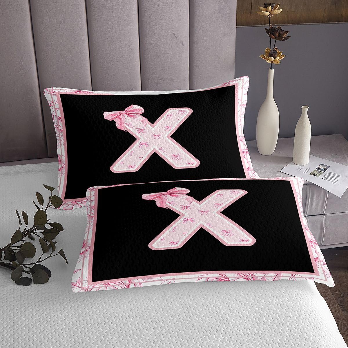 jejeloiu Black Pink Bow Bedspread King Size Monogrammed Coverlet Set Personalized Initial X Quilted Coverlet for All Season with 2 Pillowcases Coquette Bows Microfiber Lightweight