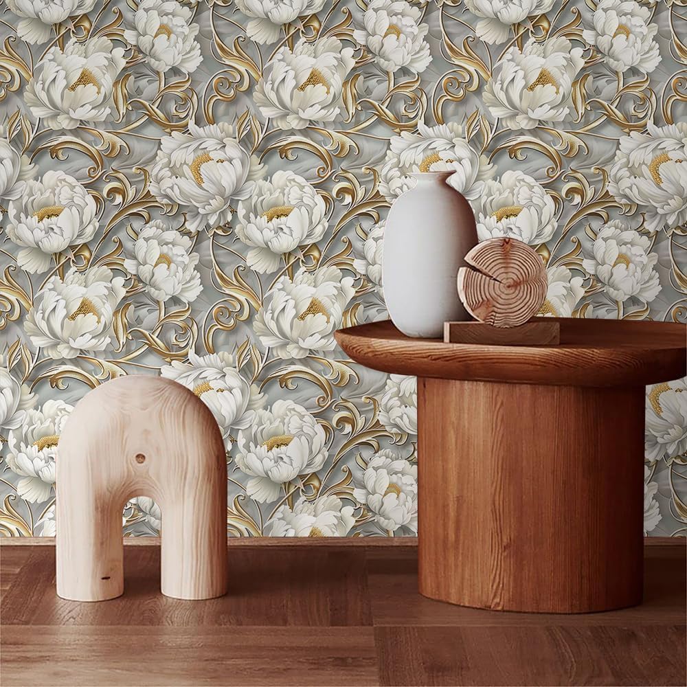 Vintage White Peony Floral Golden Flowers Damask Peel and Stick Wallpaper Easy Peel Off Stick on Adhesive Waterproof Wall Paper for Renter