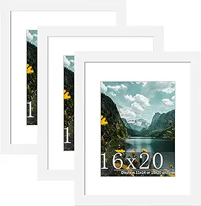Picrit 16x20 Picture Frame 3 Pack, White Poster Frame, Display Poster 11 x 14 with Mat or 16 x 20 without Mat for Horizontal or Vertical Wall Mounting
