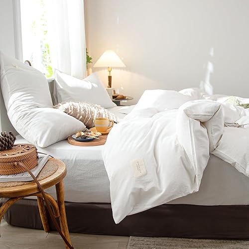 Miniatura 7 de OS OMYSTYLE Funda de edredón blanca, tamaño King, 100% algodón lavado con textura similar al lino para todas las estaciones, juego de ropa de cama