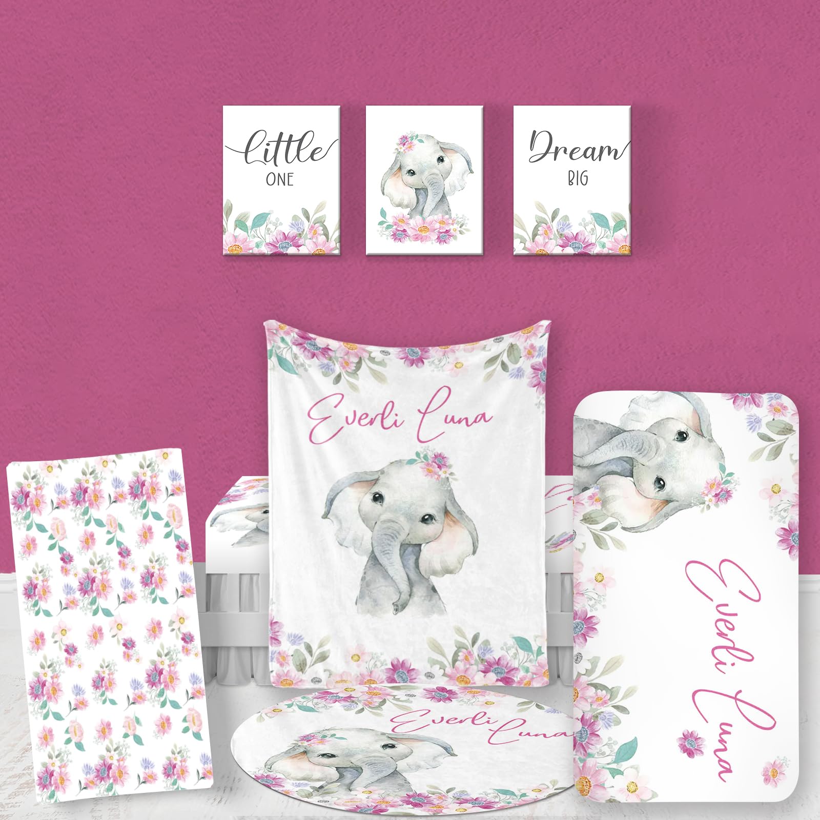 Duckbe Personalized Baby Crib Bedding Set: Custom Baby Girl Crib Bedding Set Nursery Blanket Crib Sheet Changing Pad Cover Watercolor Elephant Bedding