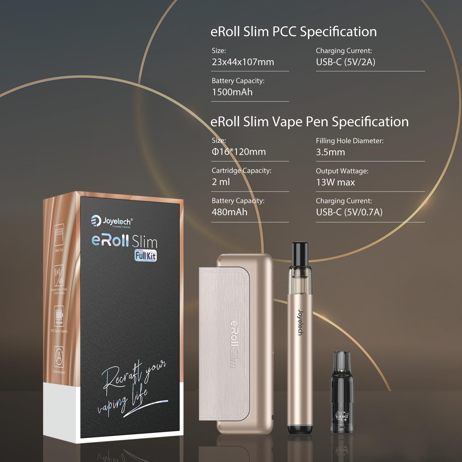 JOYETECH Eroll Slim Vape Kits 1500mAh + 480mAh großer Akku Box + 3pcs Cartridges 2ml USB-C Wechsel Pod System ohne Nikotin Gunmetal Grau
