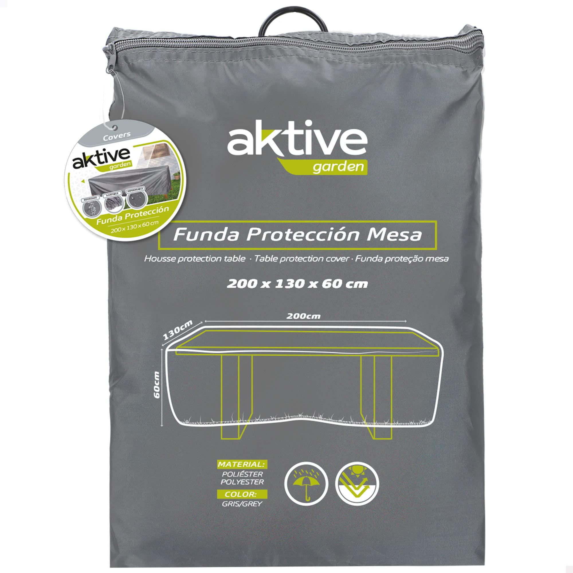 AKTIVE Funda protectora mesa jardín 200x130x60 cm, Rectangular impermeable, Poliéster resistente 100 g/​m², Cierre ajustable, Protección polvo y lluvia, Incluye bolsa (61501)