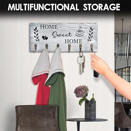 Miniatura 6 de AHYS Soporte de pared para llaves con palabras "Home Sweet Home", soporte para llaves de madera rústica con 6 ganchos para decoración de sala de