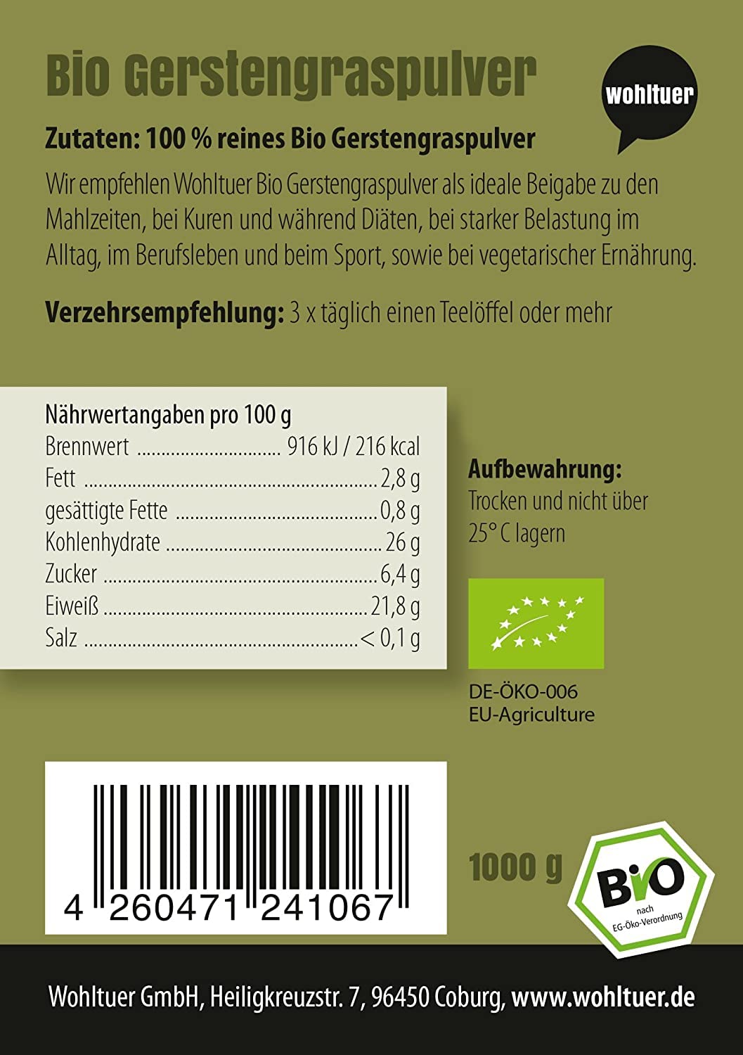 Wohltuer Bio Gerstengraspulver/Gemahlenes Gerstengras in Rohkostqualität und erster Ernte! aus Bayern (DE-ÖKO-006), 1000 g