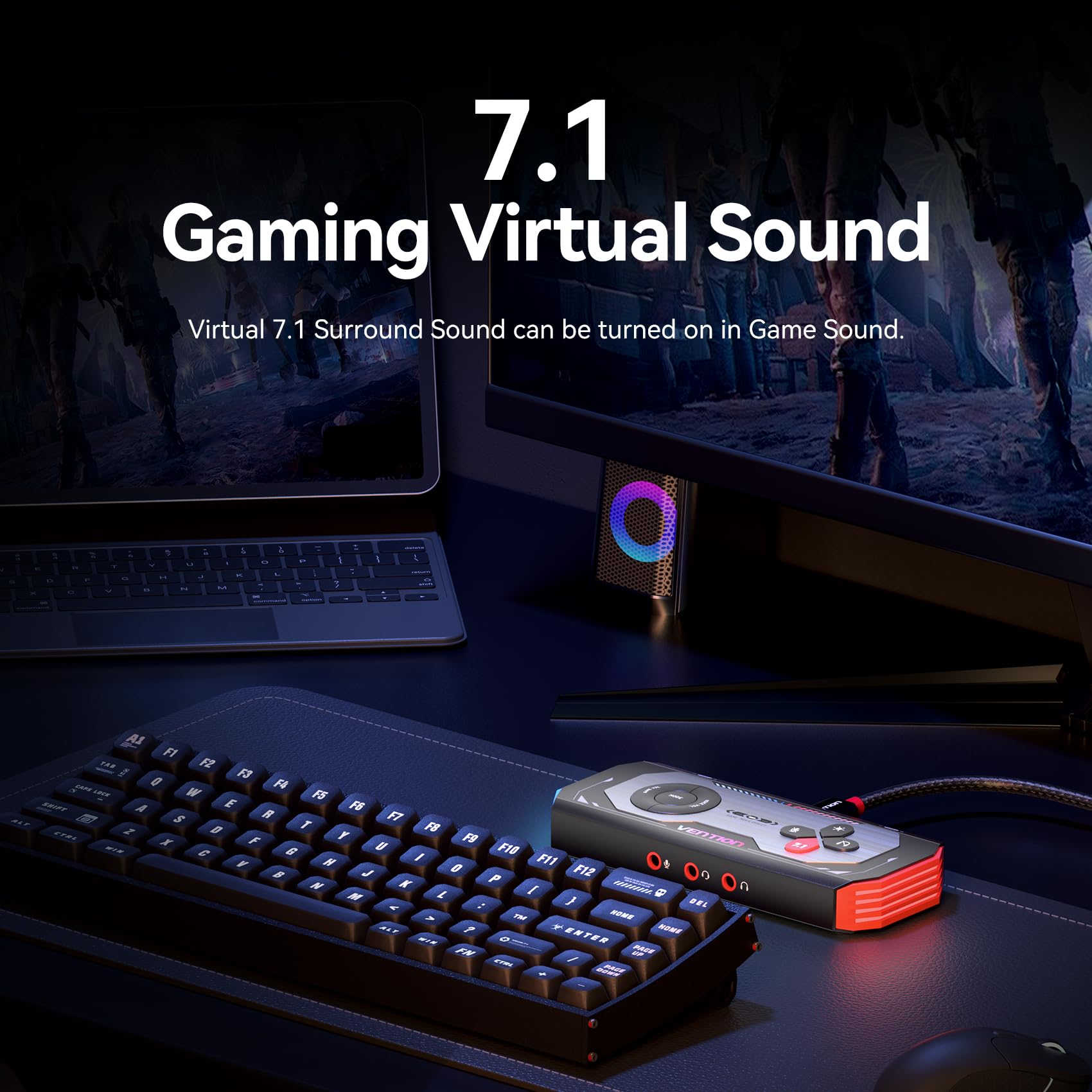 VENTION Tarjeta de sonido USB externa 7.1 DAC para juegos, sonido envolvente virtual 7.1, 24 bits/192 KHz, sistema de luz RGB, amplificador de audio para juegos compatible con PS5, PS4, Xbox One,
