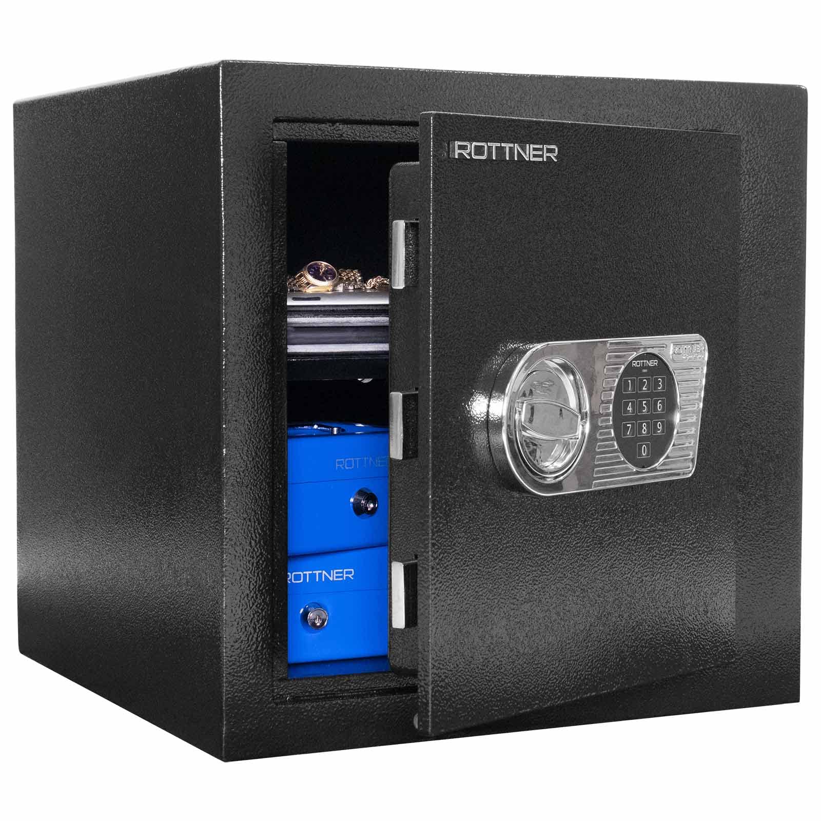 Rottner Wertschutzschrank EN1 Ben 45 Elektronikschloss Aufbohrschutz Notbestromung schwarz BxHxT 43,5 cmx43,5x44,5 cm Feuerfalz in Türöffnung verstellbarer Fachboden inkl. Befestigungsmaterial