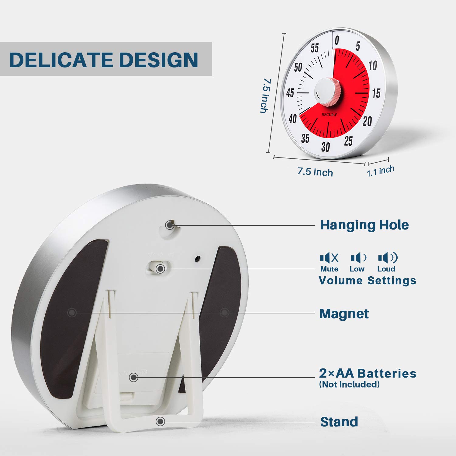 Secura 7.5-Inch Oversize Visual Countdown Timer, 60-Minute Kitchen Timer | Time Management Tool for Kids, Teachers and Adults (Red)