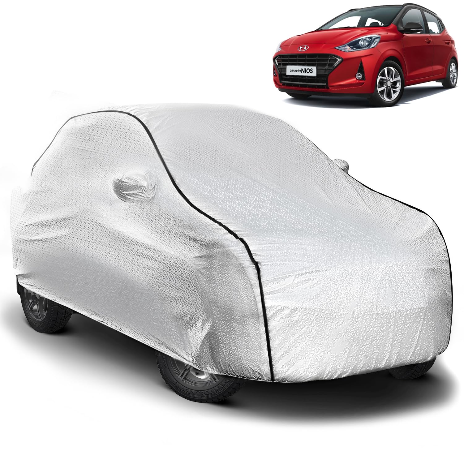 Pivalo Car Cover for Hyundai Grand i10 All Model & Years (2007-2013) 100% Waterproof with Mirror Pockets, Triple Stitched Bottom Elastic Dustproof Full Body Protection (Heat & UV Resistant, Silver)