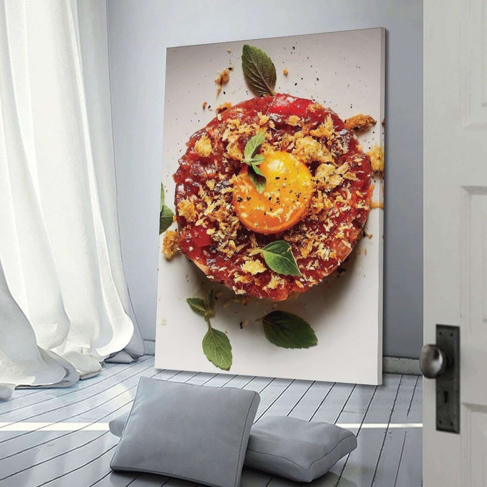 Essen-Poster im deutschen Stil, Rindfleisch-Tatar mit Croutons, dekoratives Gemälde, Leinwand, Wandposter und moderne Familienschlafzimmer-Dekoration, 60 x 90 cm