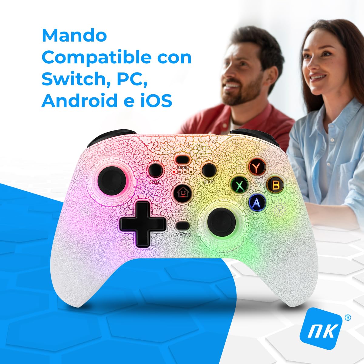 NK Mando Switch Inalámbrico - LED RGB Ajustable, Switch/PC/Android/iOS, Función Turbo, Ajustes Macro, Bluetooth, 6 ejes, 4 Modos de Vibración - Color Blanco (Incluye Soporte Smartphone)