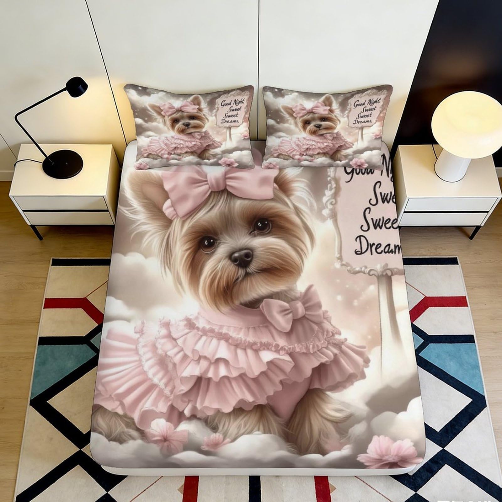 3D Printed Cute Dog Fitted Sheet Microfiber Pink Dress Puppy Bed Cover Anti-Slip Machine Washable Decor for Bedroom Dorm 90x200x25cm