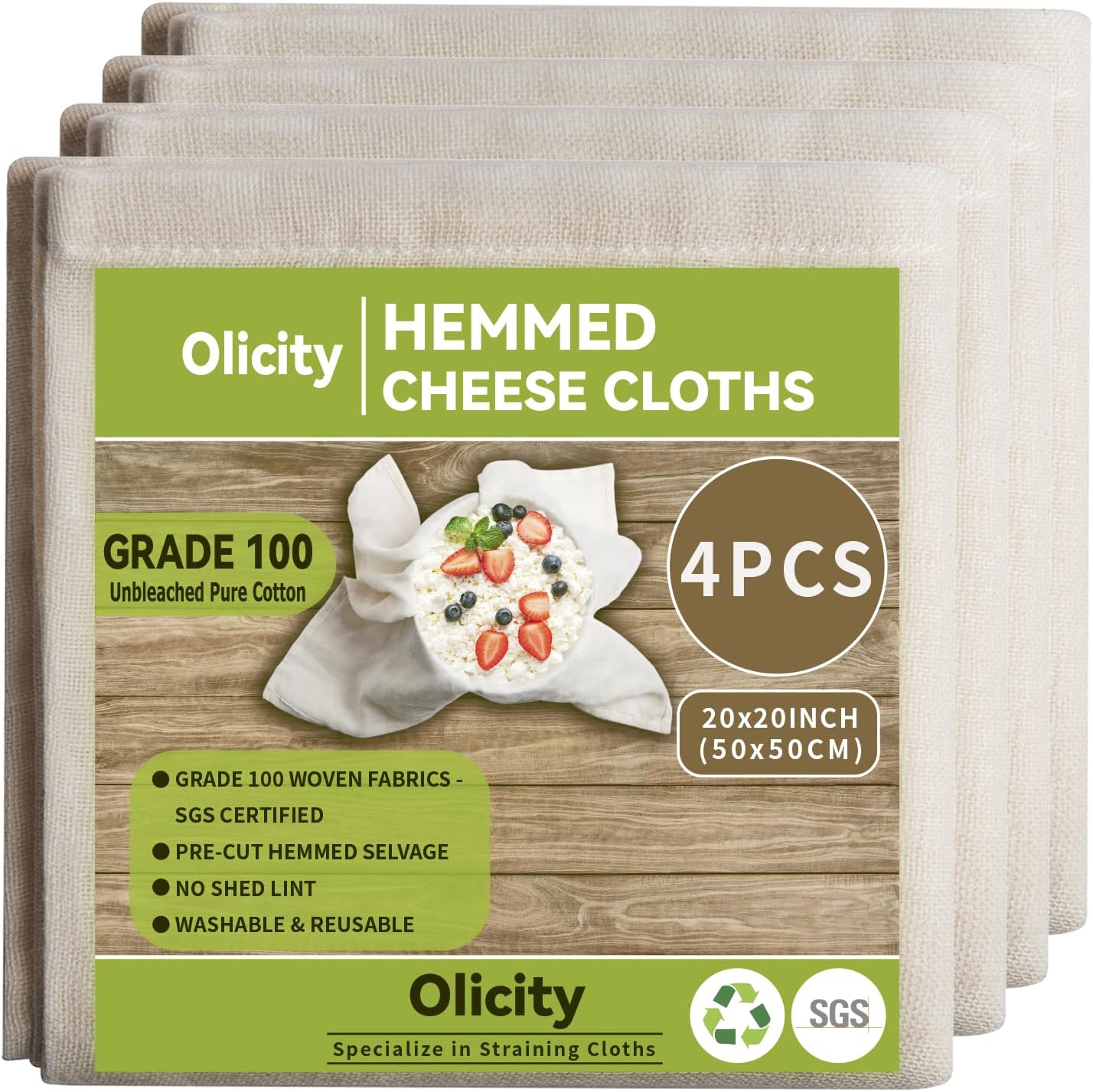 Olicity Cheese Cloths, 4PCS, Grade 100,20x20Inch Hemmed Cheese Cloth Fabric Reusable Fine Mesh Cloth Strainer, 100% Cotton Unbleached Precut Muslin Cheesecloth for Straining, Cooking, Butter,Tea,Tofu