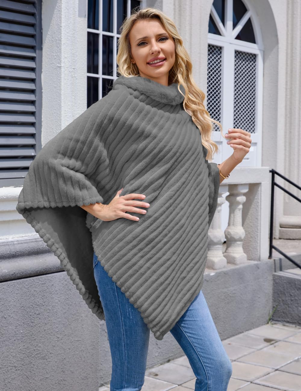 Ferand - Poncho Femme Douillet à Rayures en Fausse Fourrure, Pull Châle Doux pour l'hiver