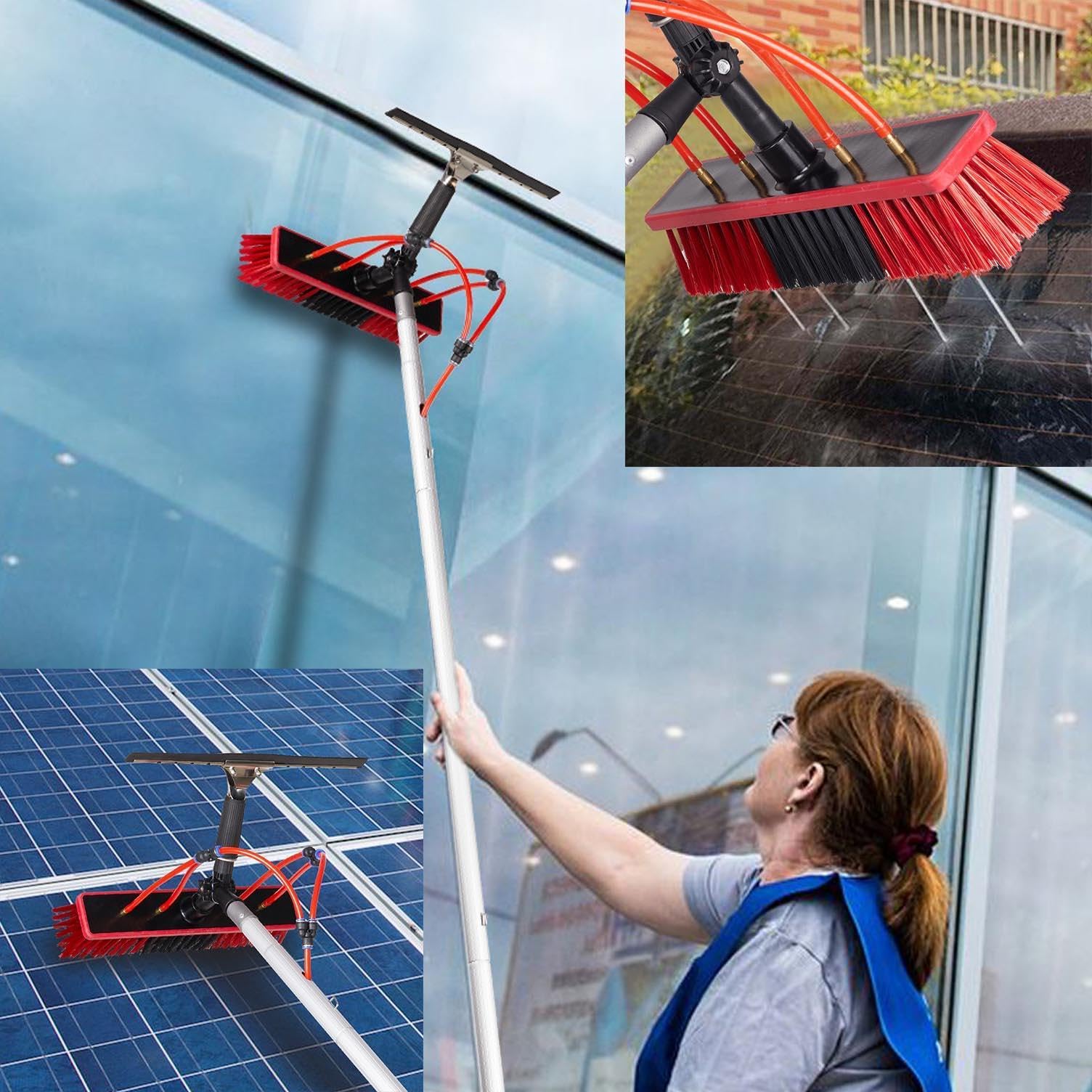 Herramienta de limpieza de panel solar con cepillo – Telescópico – Lavado de agua – Kit de cepillo alargado para panel solar fotovoltaico tejados invernaderos y ventanas,9M