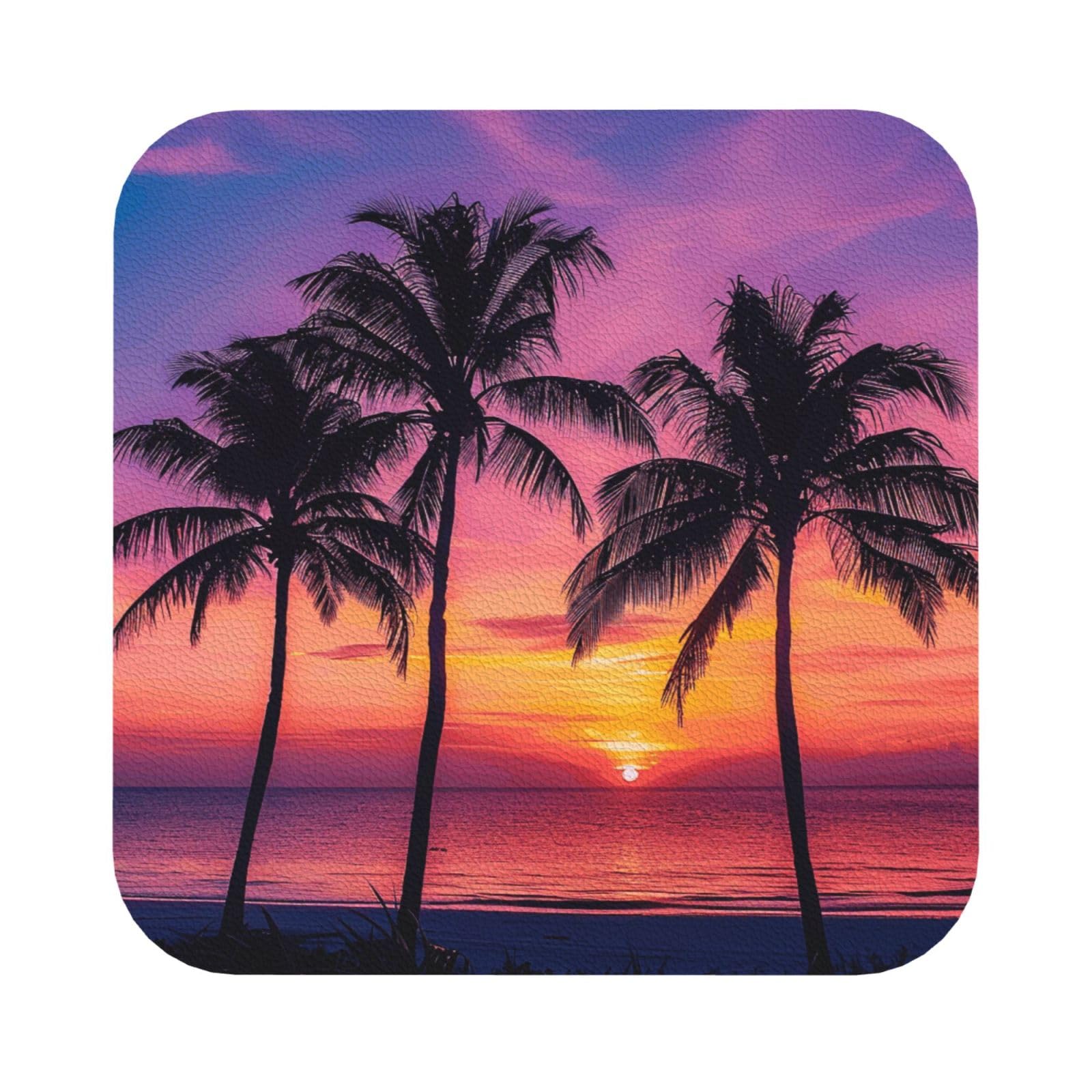 Palm Trees Silhouette at Sunset Print Leather Coaster Set of 6, Square Coasters Table Decorative Coffee Cup Beverage Coasters Wine Beer Bar Coasters for Hot Drinks Table Protection