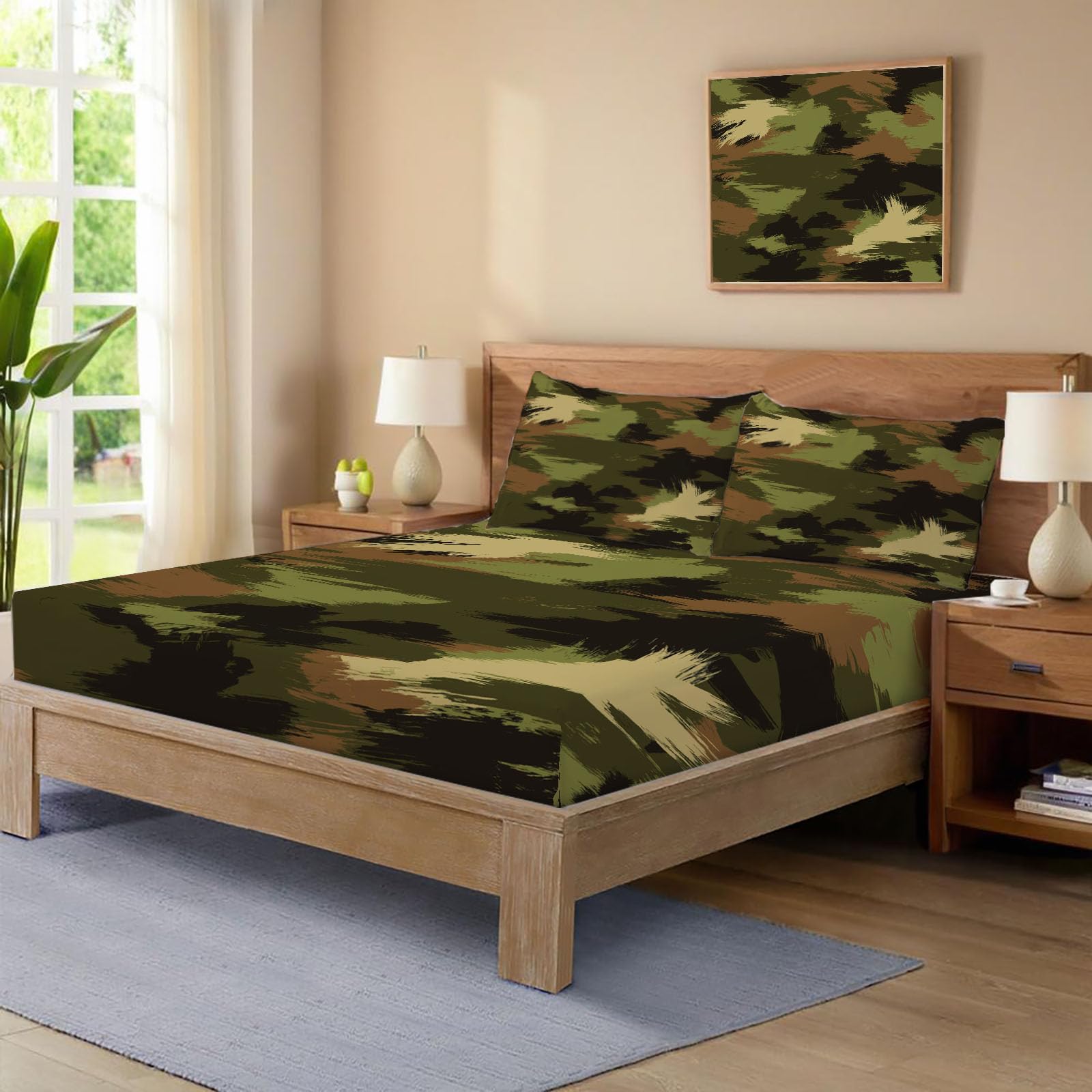 Sábanas 200X190/200Cm - Juego De Sábanas 3 Piezas Estampadas Grafiti De Camuflaje - Microfibra Suave Transpirable - Sábana Bajera Ajustable - Ropa De Cama Pintura Al Óleo Abstracta (Verde Militar)
