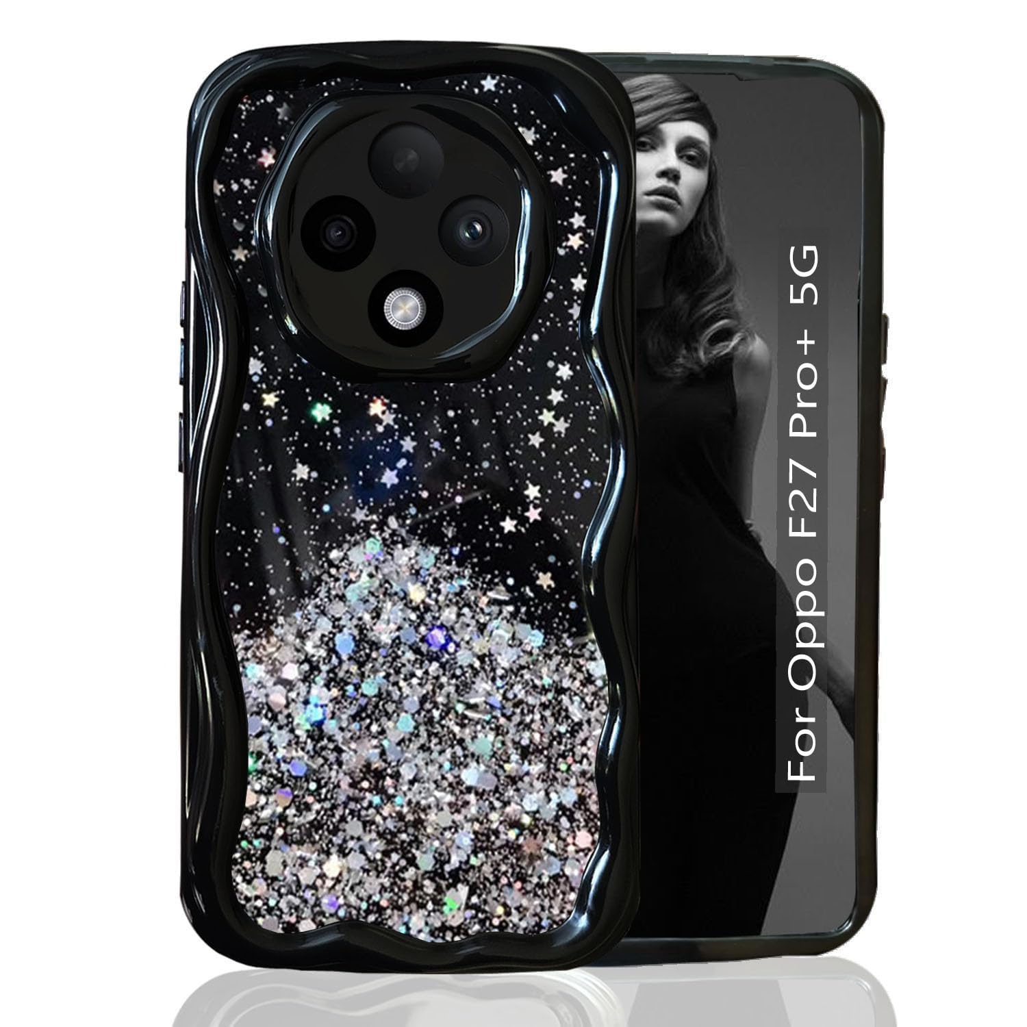 KC Back Cover for Oppo F27 Pro Plus 5G - 3D New Curly Wave Dry Fixed Non Moving Starry Glitter Shockproof Bumper Soft Silicone Case with Camera Protection (Black) (B0D9FG9Z34) Amazon Price History, Amazon Price Tracker