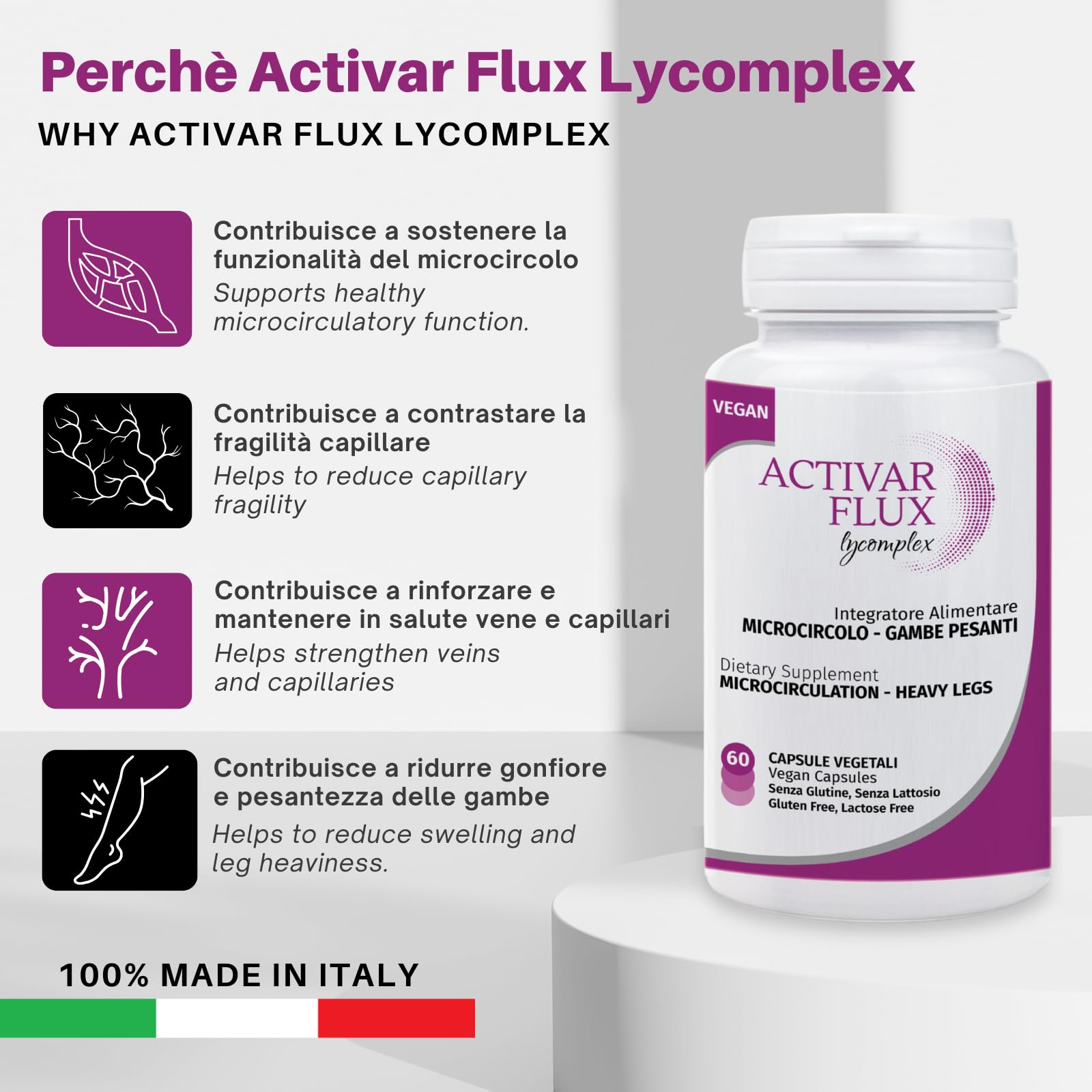 Activar Flux Lycomplex | Integratore con Diosmina, Troxerutina e Mirtillo | Sostiene la Funzionalità del Microcircolo | Per Vene, Capillari Fragili, Gambe Gonfie e Pesanti | 60 Capsule Vegetali