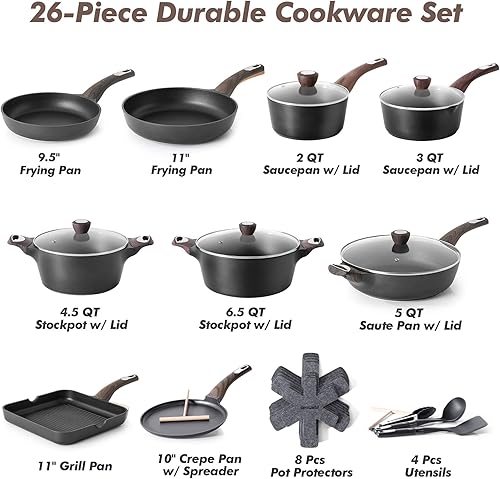 Miniatura 3 de SENSARTE Juego de ollas y sartenes antiadherentes, no tóxicos, juegos de utensilios de cocina de inducción saludable, 26 piezas antiadherentes, con