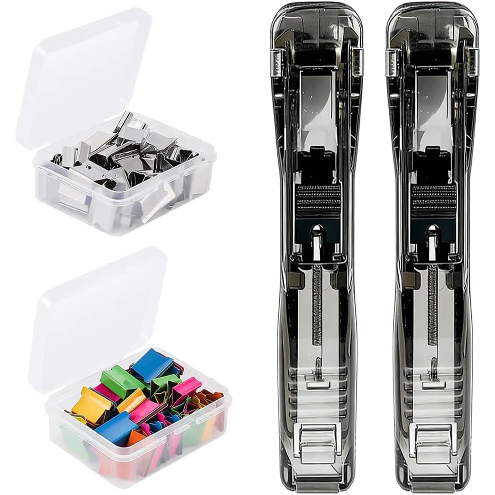 Portable Binder Clip Stapler - Includes 100 Reusable Clips, Handheld Paper Binder Clip Dispenser for Desk Document, Metal Office Supplies in Clear Box for Home Organization School (2PCS-Black)