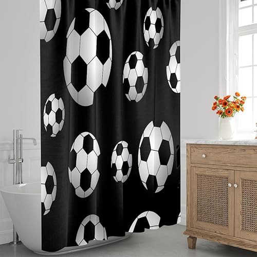 Miniatura 7 de Juego de cortina de ducha de fútbol blanco y negro con 12 ganchos de plástico, cortinas de baño de tela impermeable para decoración de baño, lavable