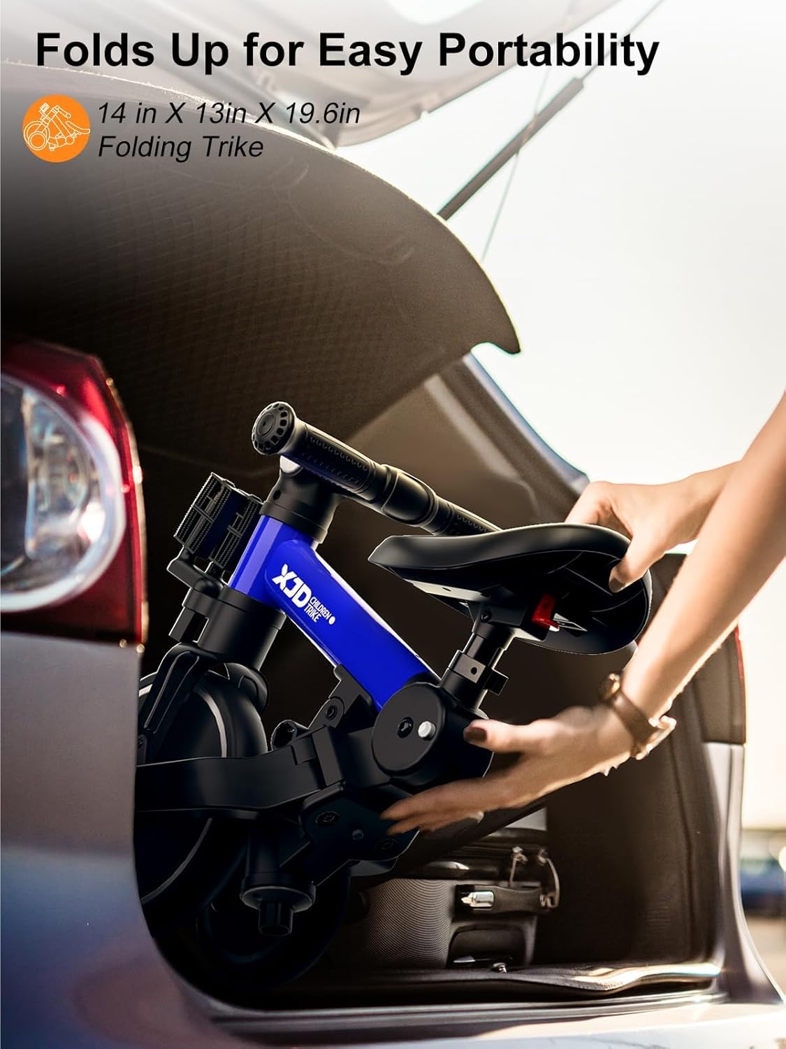 XJD Toddler Tricycle folded for easy portability in a car trunk